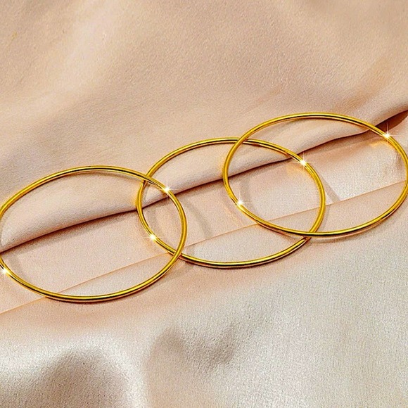 Gold Plated Thin Minimalist Bangle Bracelet Set of Three - Picture 2 of 7